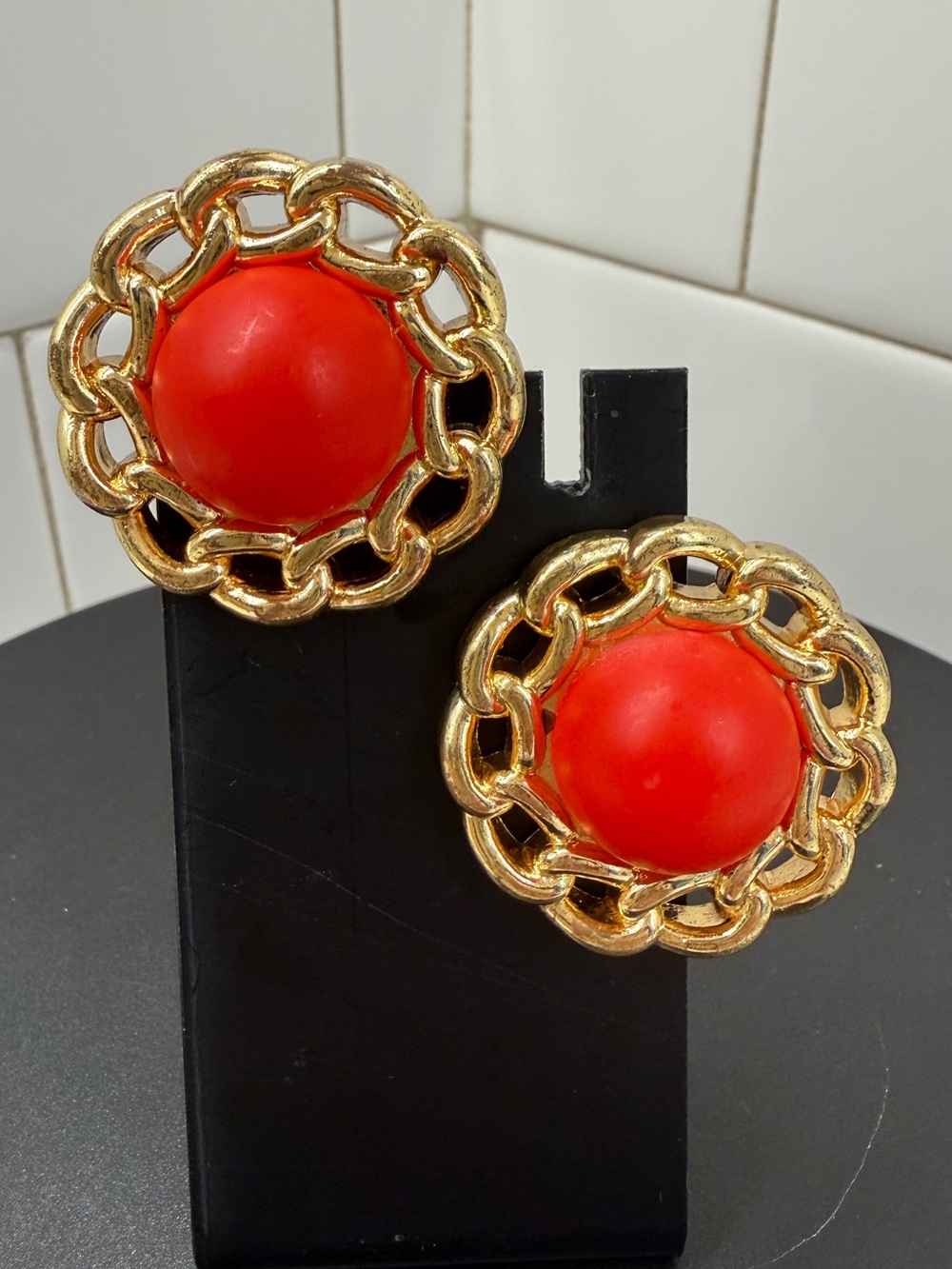 Gold Chain Frame Earrings with Bold Red Center